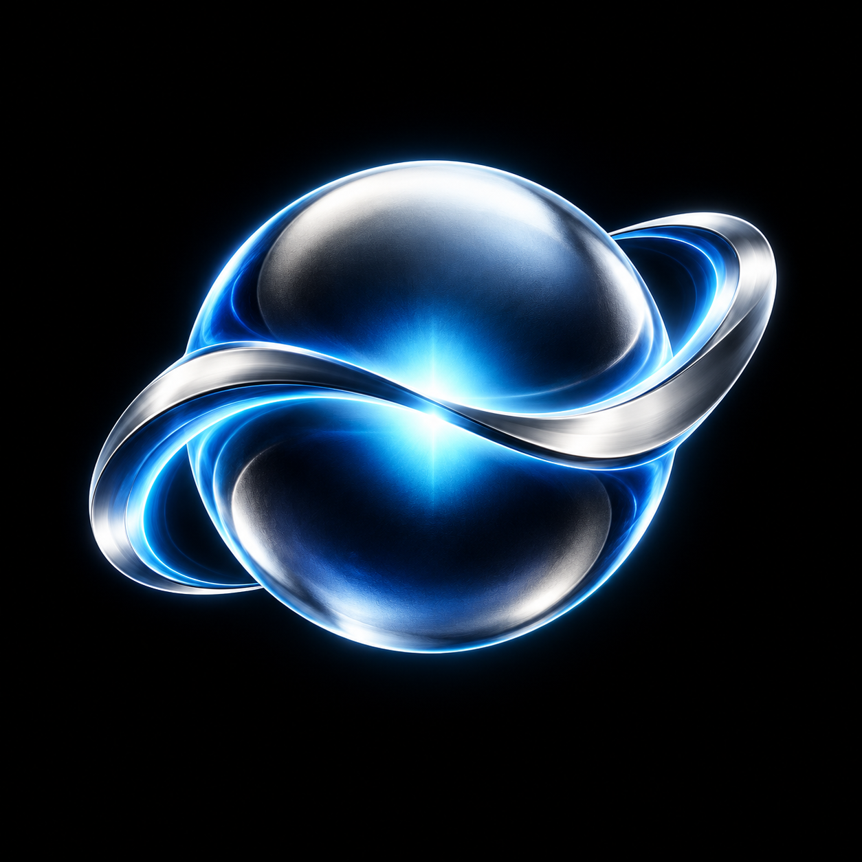 Chrome Quantum core wrapped in a blue luminous orbital band
